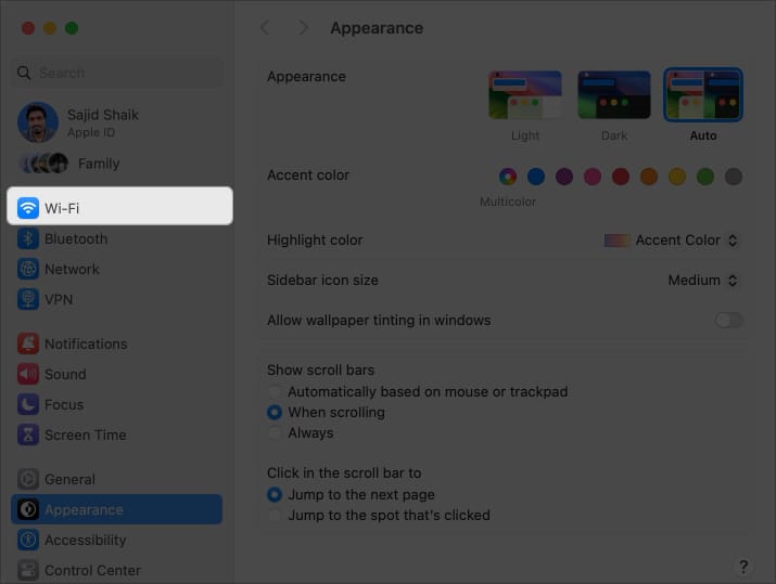 Image highlighting to select Wi Fi section from left navigation