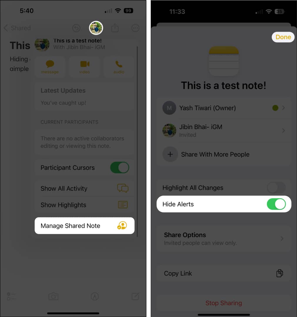 Manage Shared Note Hide Alerts Done