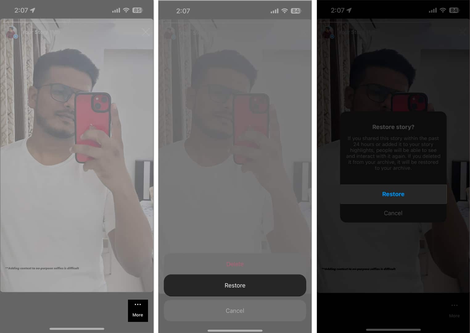 Tap more restore twice to recover deleted instagram post