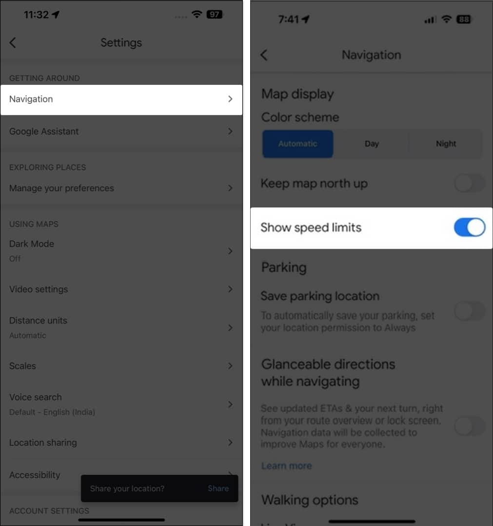 Navigáció, Sebességkorlát megjelenítése