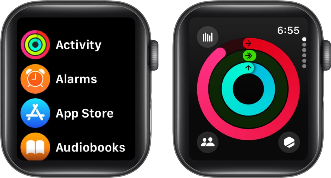 Open Activity app to see three rings, tap icon in corner to see weekly summary