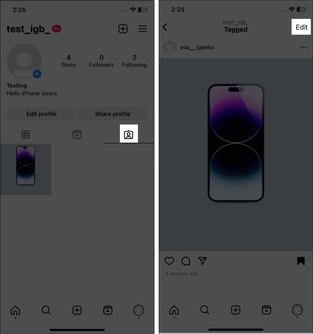 Open tagged posts, tap edit in instagram