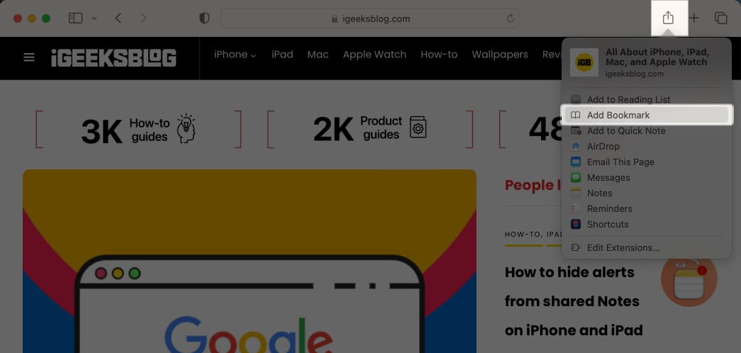 Buka tapak web dalam Safari, Ketik ikon Kongsi dan Pilih Tambah Penanda Halaman