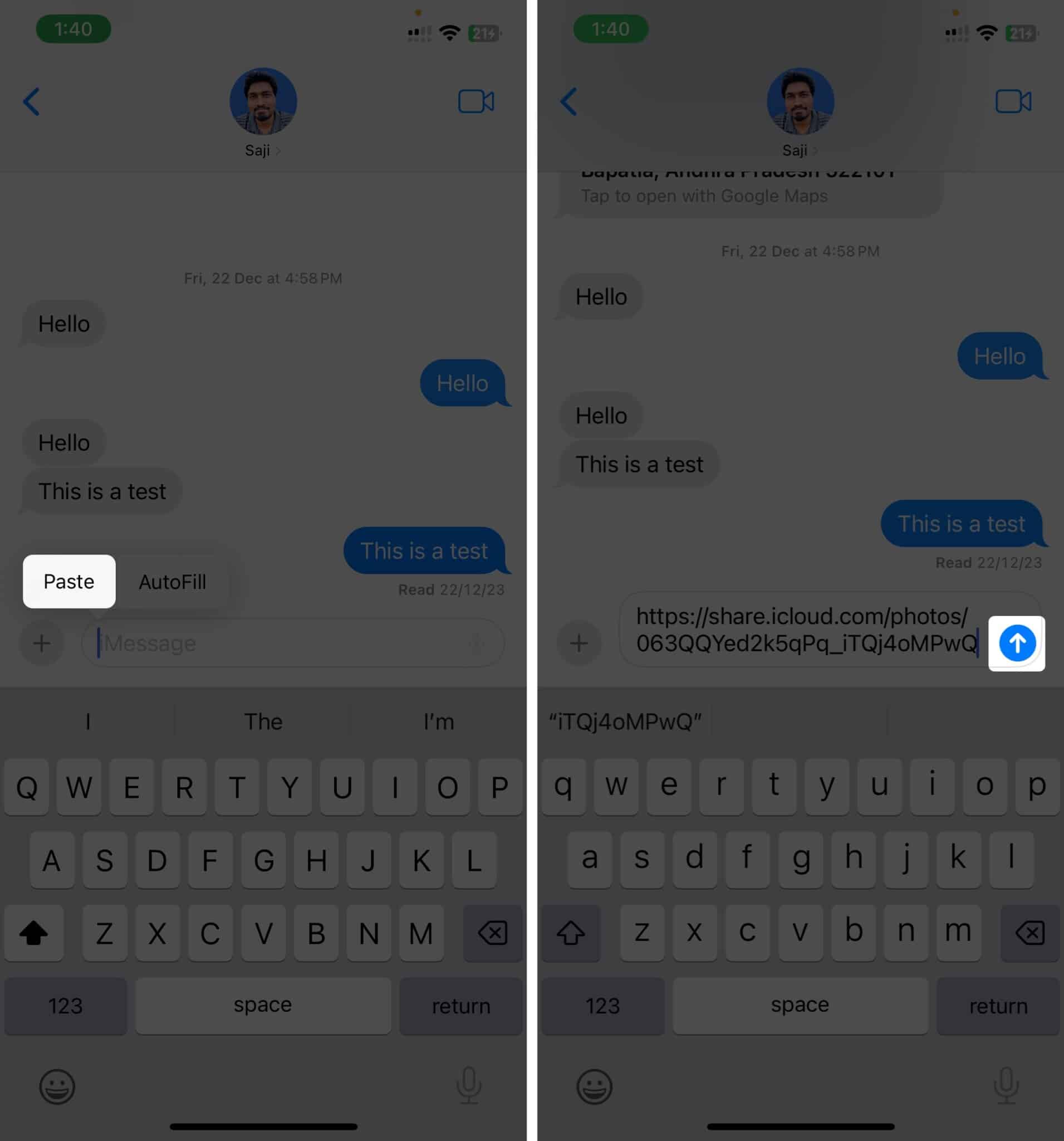 A másolt iCloud-hivatkozás beillesztése az Üzenetek alkalmazásba