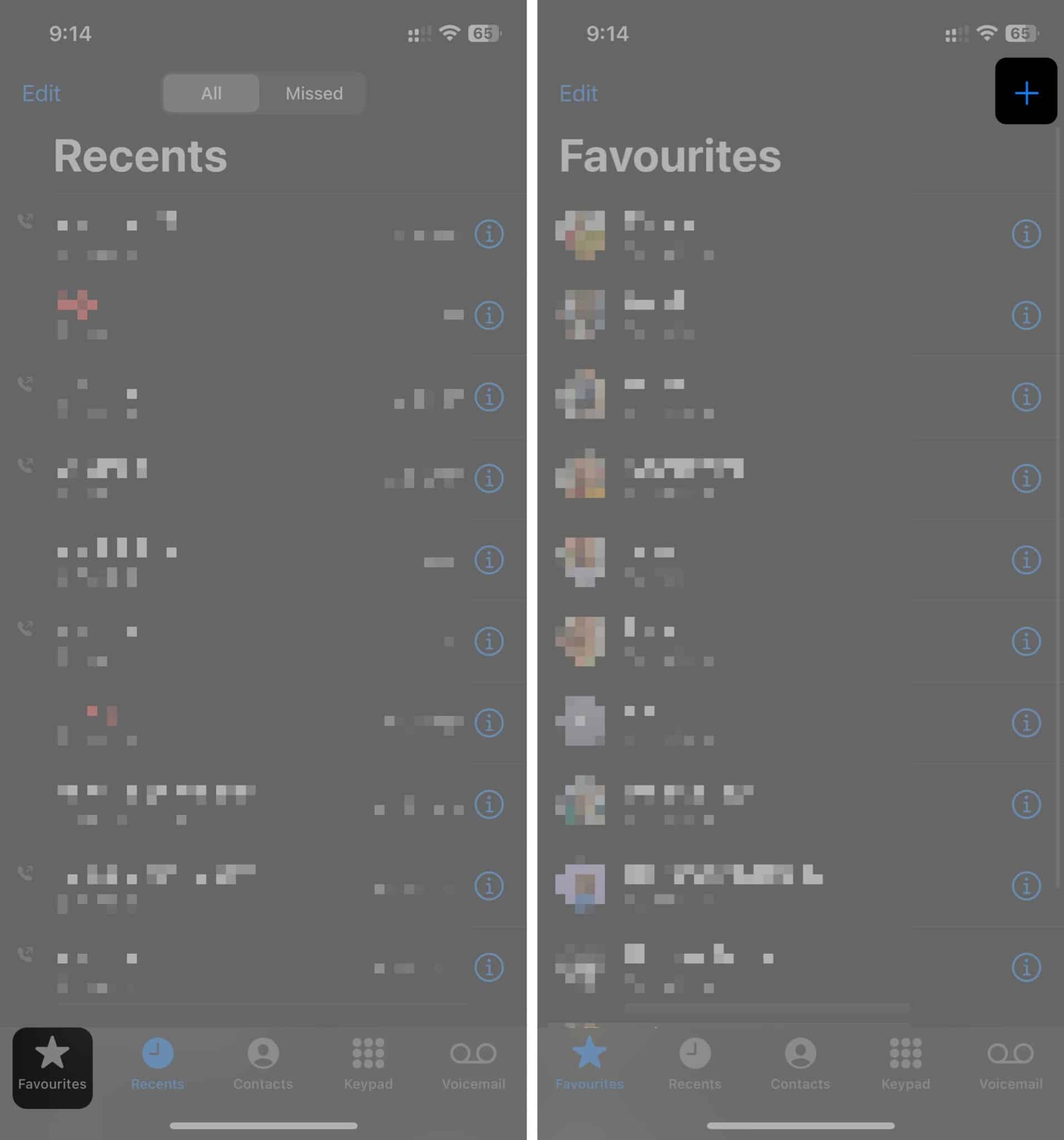 Plus button in Favorites tab in the Phone app