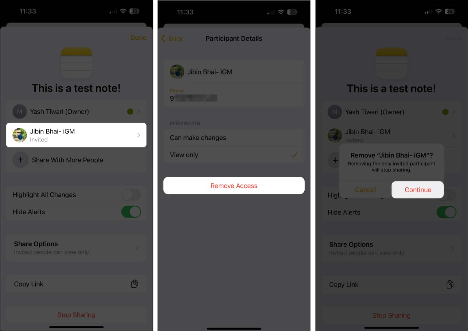 Remove the participants from the shared notes