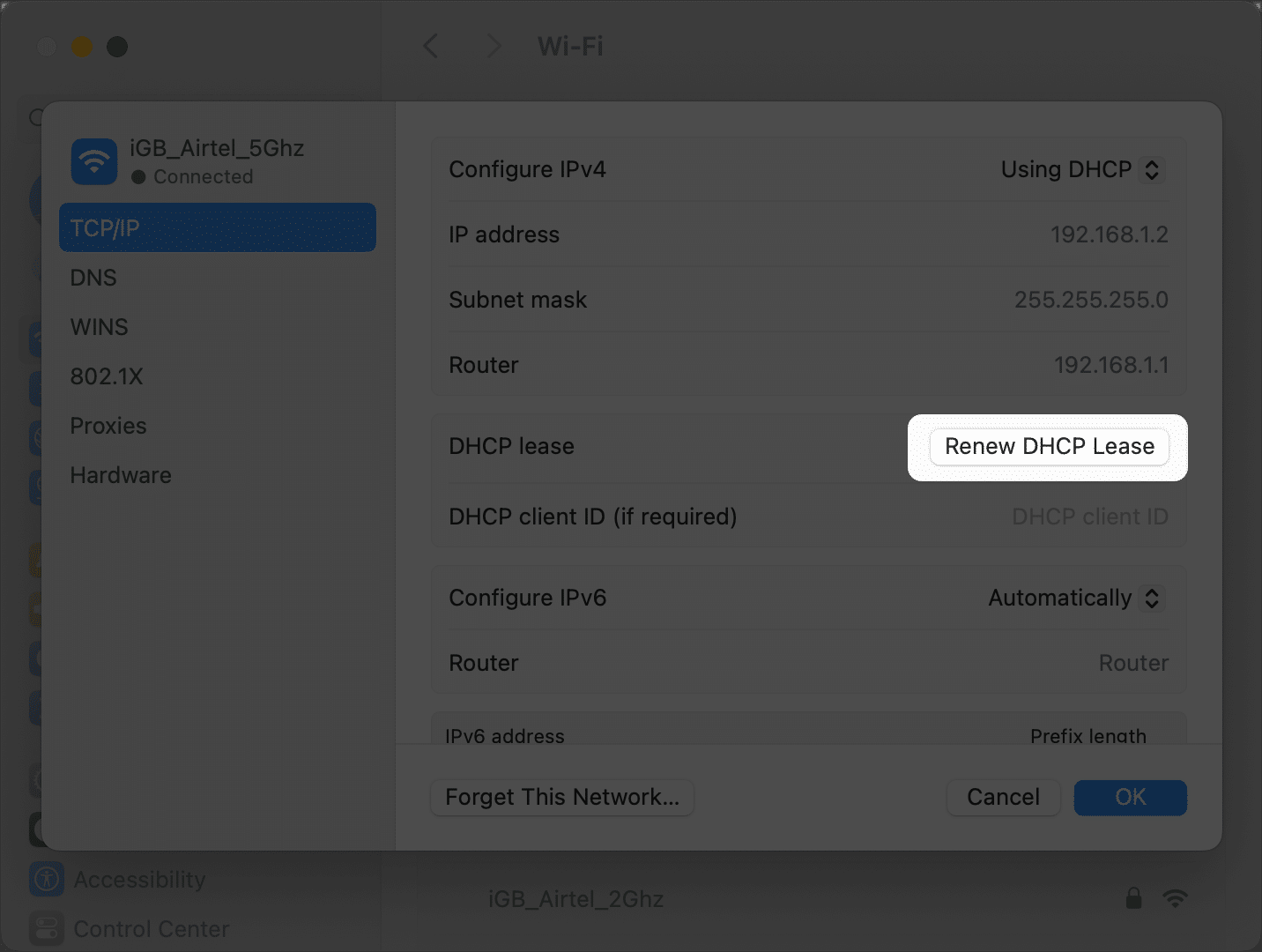 Renew DHCP Lease option in TCP IP settings in Wi-Fi details page under System Settings