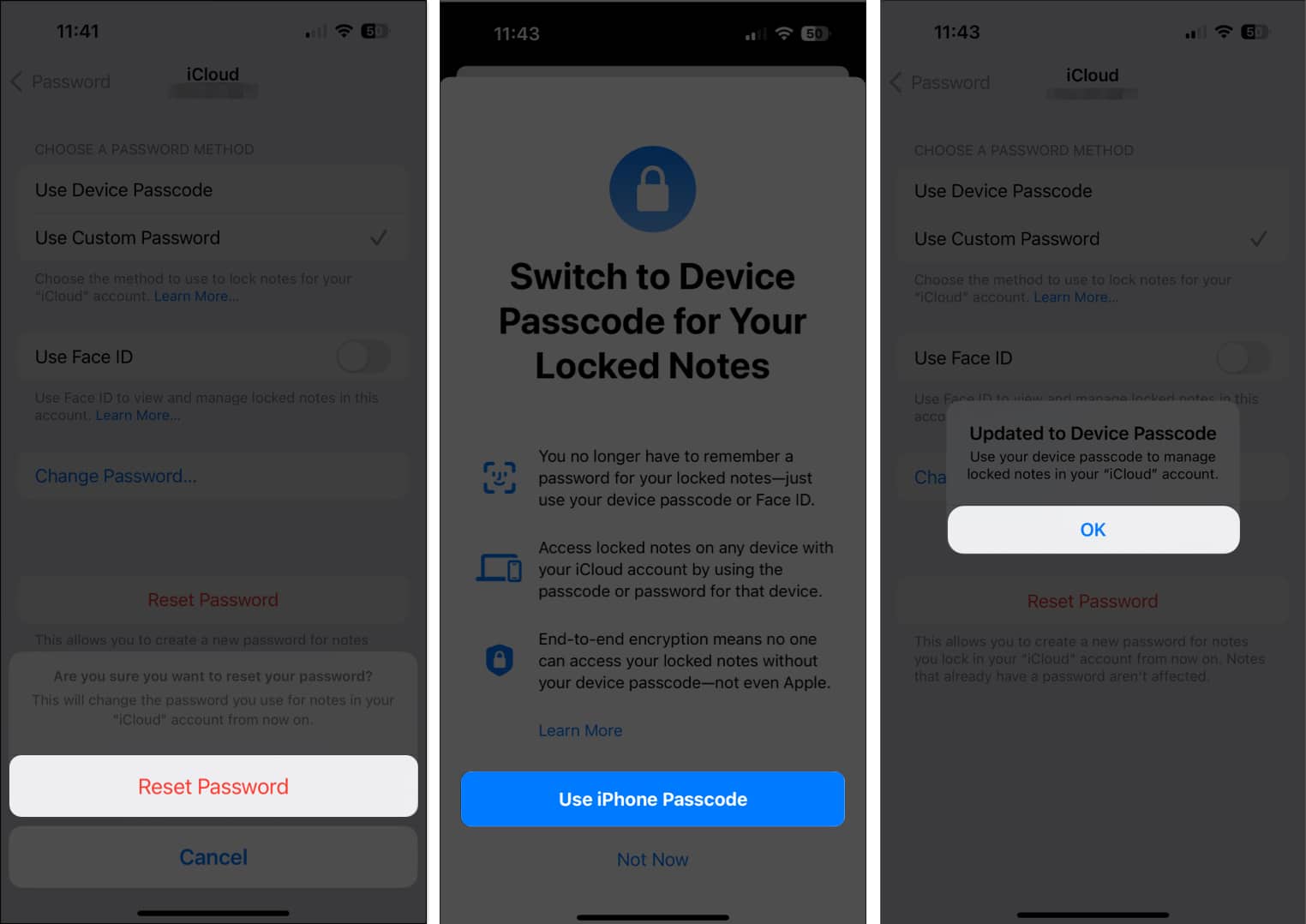 Reset Password as Devices passcode in notes app
