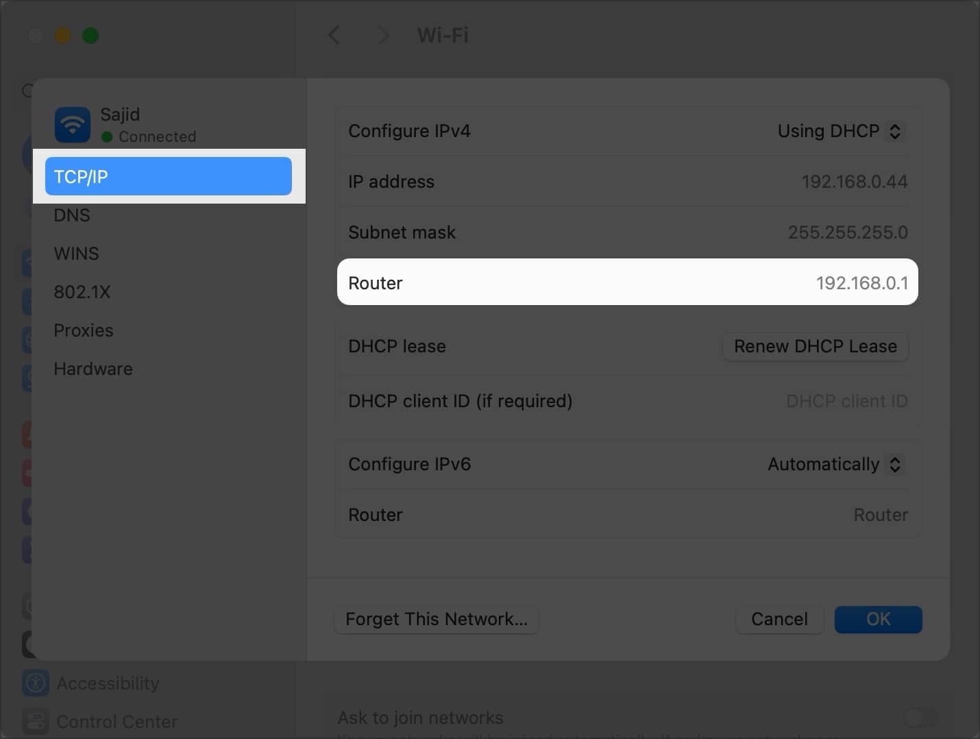 Router IP address in TCP/IP details in System Settings