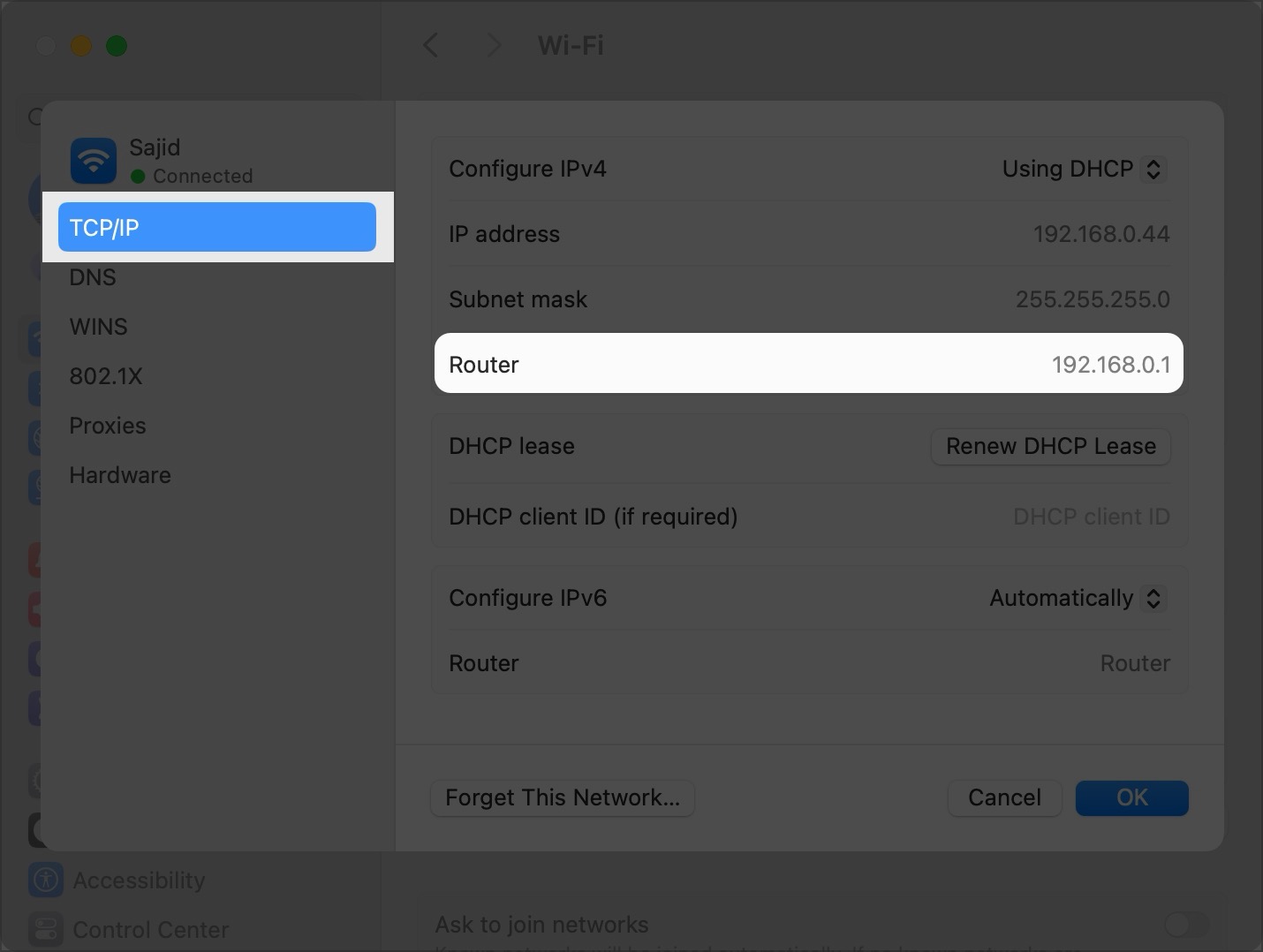 Router IP address in TCP/IP details in System Settings