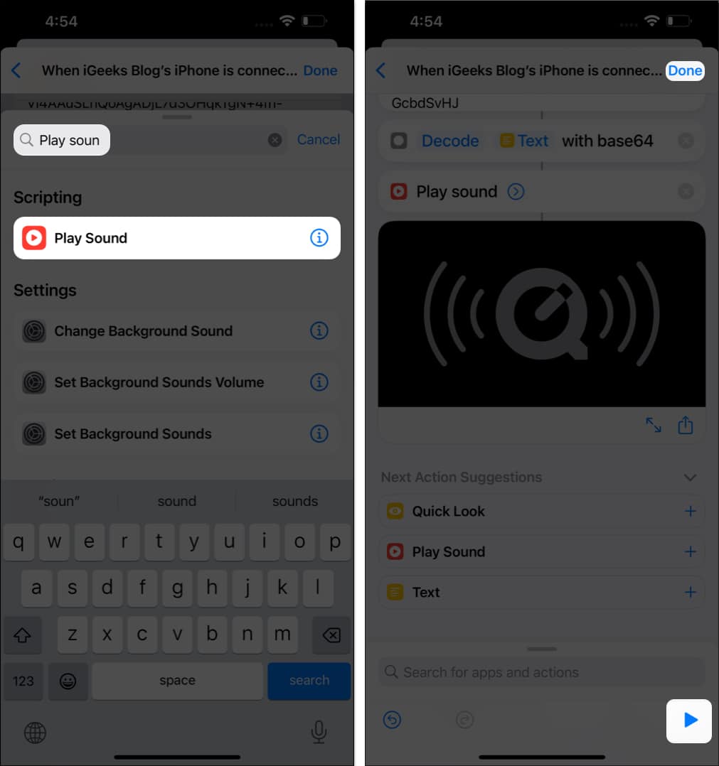 Search for Play sound, tap the play icon, done in Shortcuts