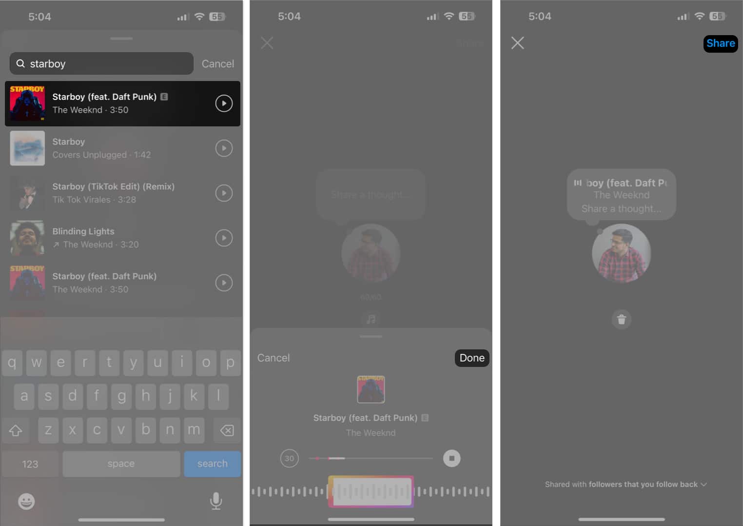 Search for your favorite music tap done share on Instagram