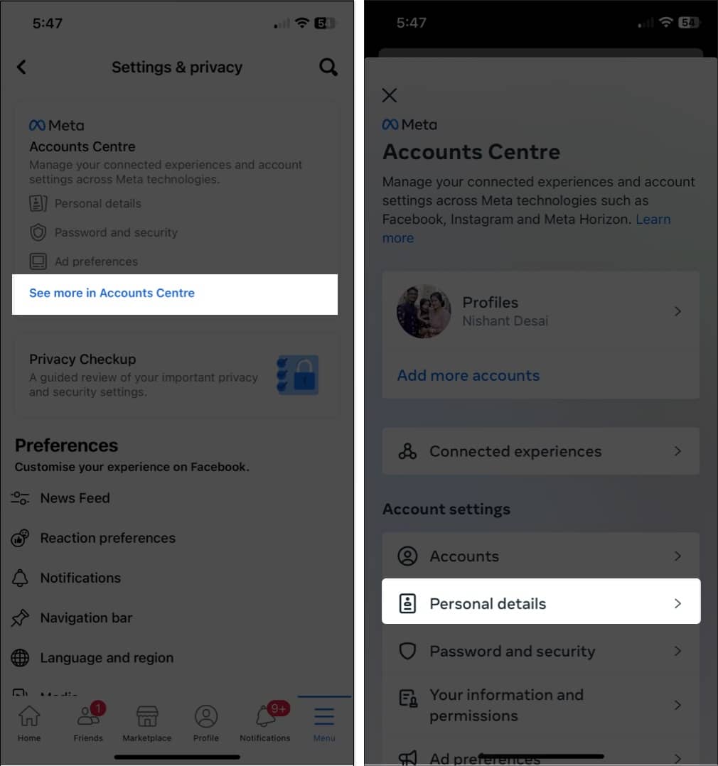 See more in accounts centre personal details in facebook