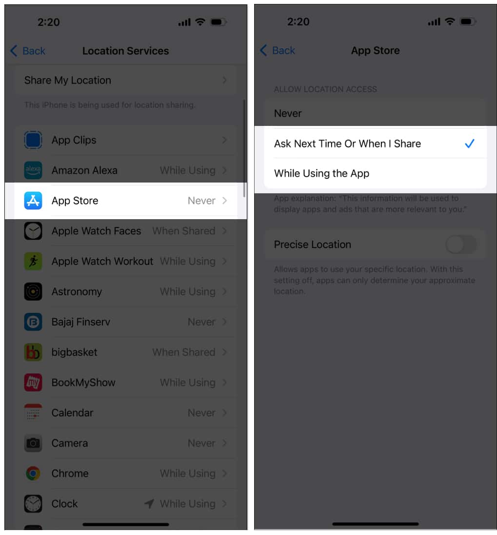 Select Ask Next Time Or When I Share in App Store Location