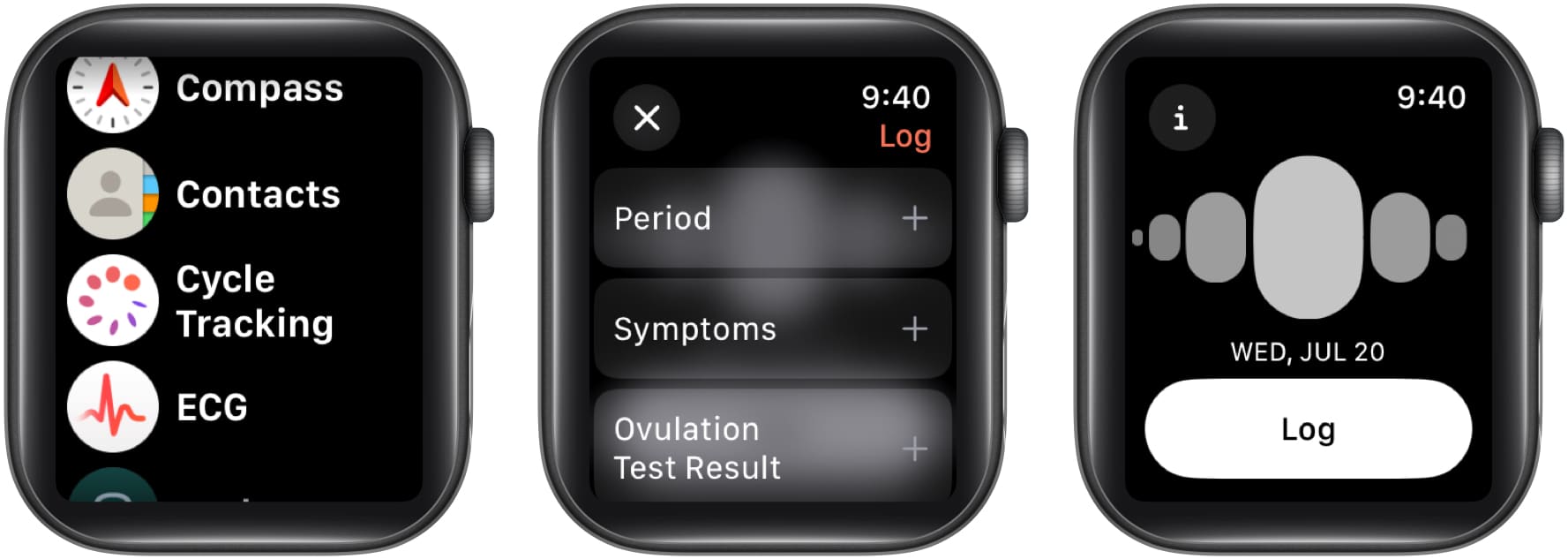 Select Cycle Tracking in the Health app, symptoms, and tap Log