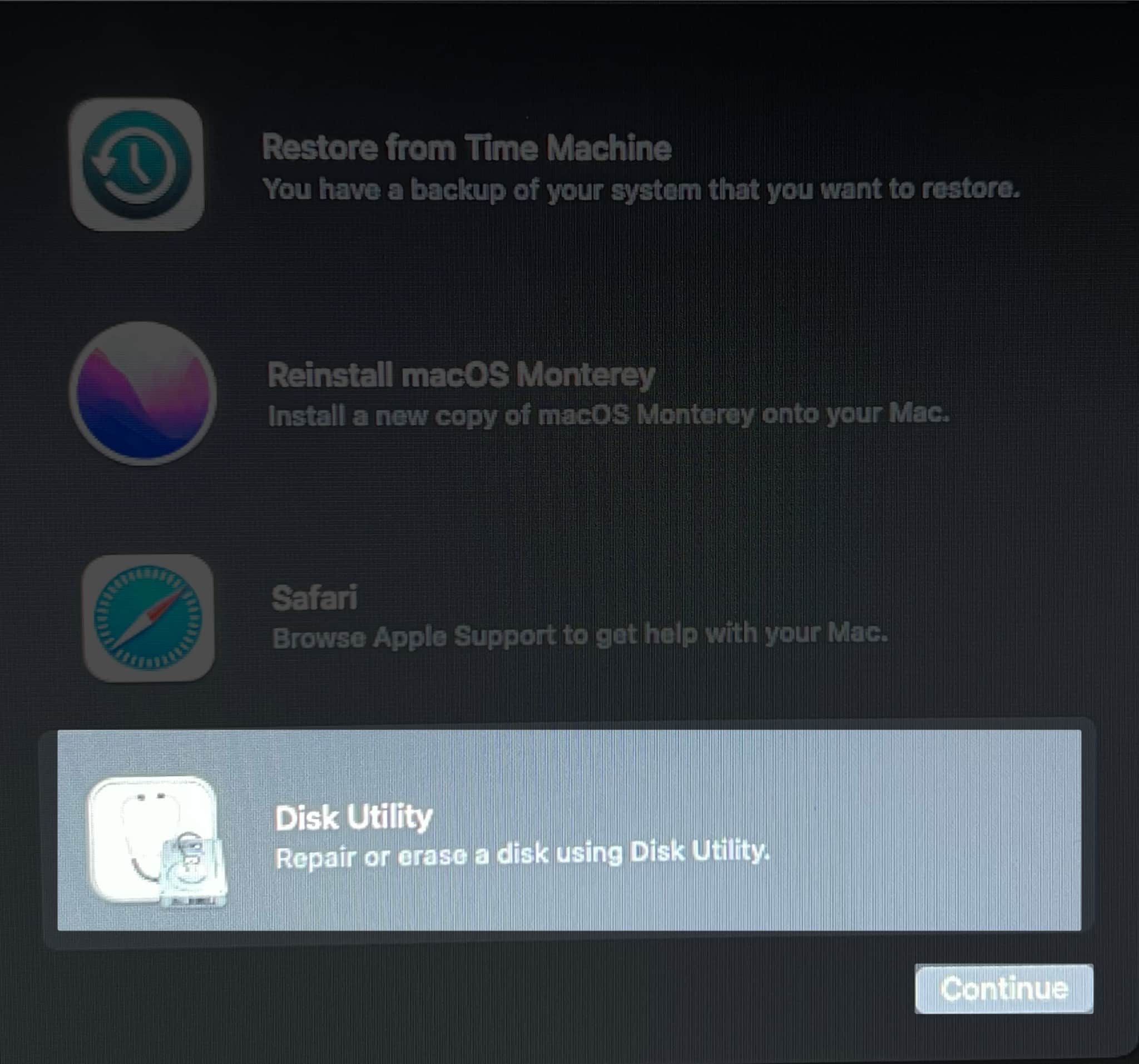 Select Disk utility and continue in recovery mode