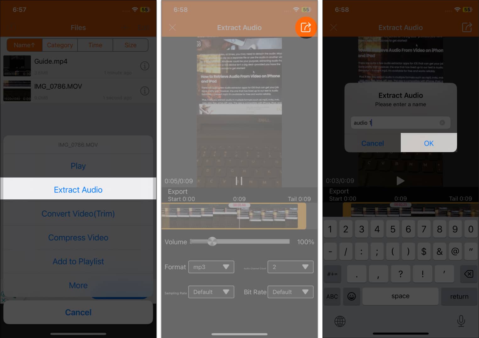 Select Extract Audio, tap export icon, rename file, and tap Ok