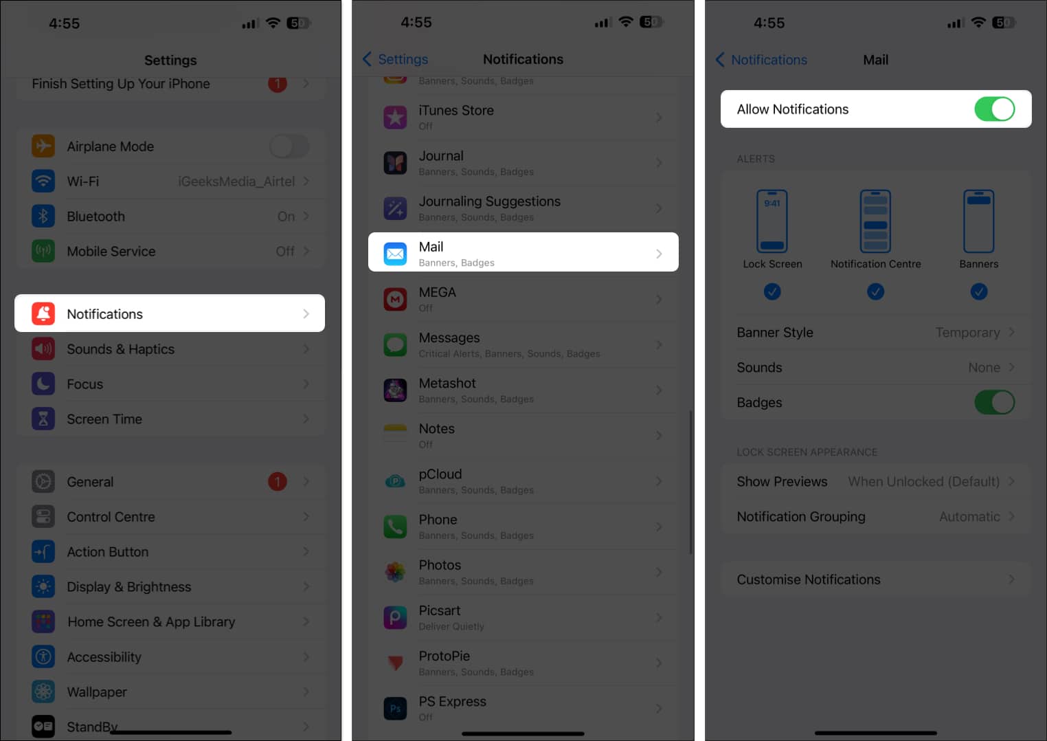 Select Notifications, tap on Mail app and toggle on Allow Notifications