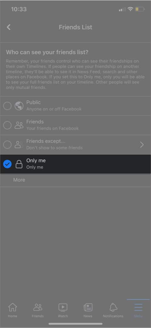 Select Only Me from Facebook Settings to hide friends list