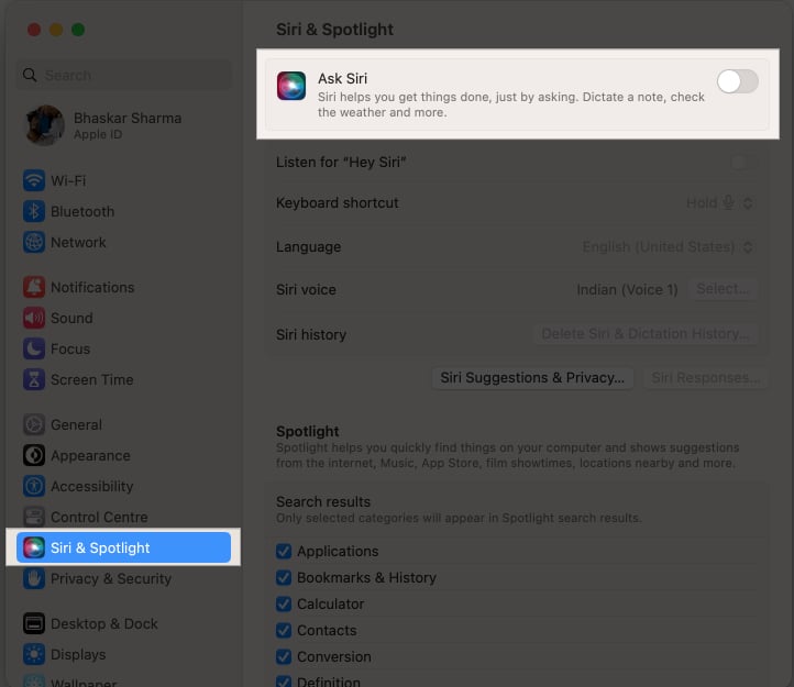 Select siri  spotlight and toggle on ask siri