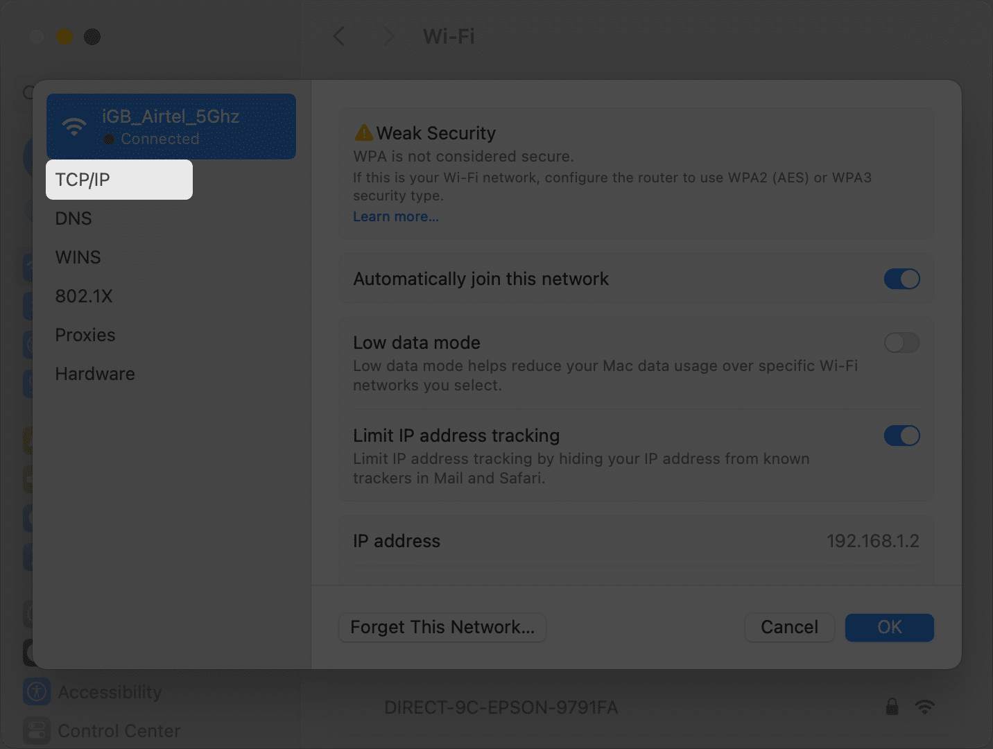 Select TCP IP in the Wi Fi Details page