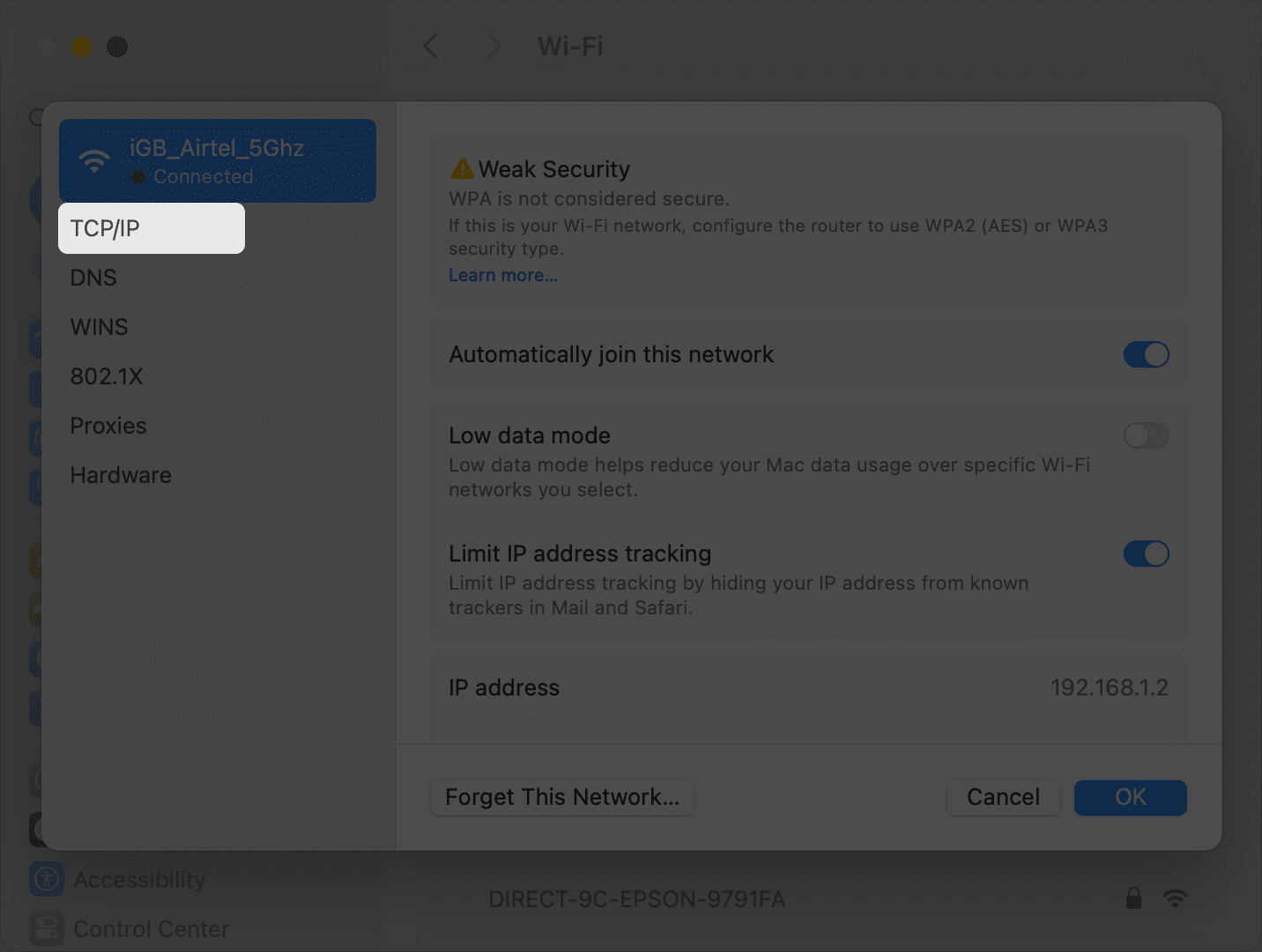 Select TCP IP in the Wi-Fi Details page