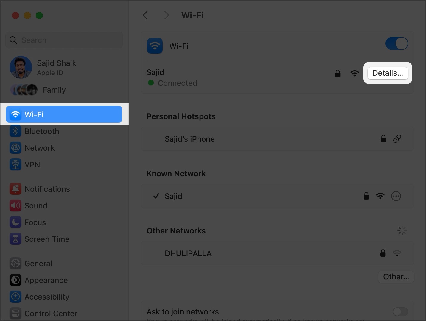 Select Wi-Fi and then Details next to connected Wi-Fi