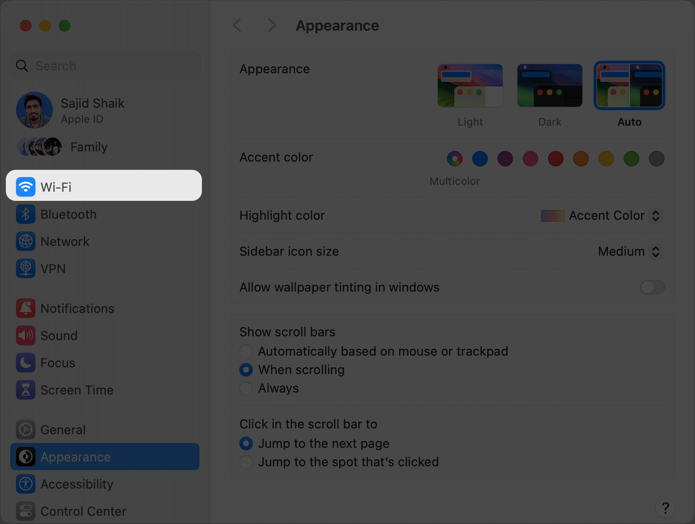 Select Wi Fi from System Settings on Mac