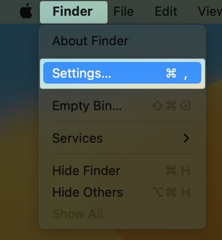 Select finder, settings on Mac