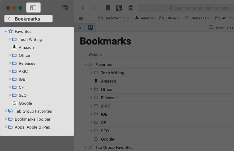 Select sidebar then Bookmark tab and drop down the Favorites