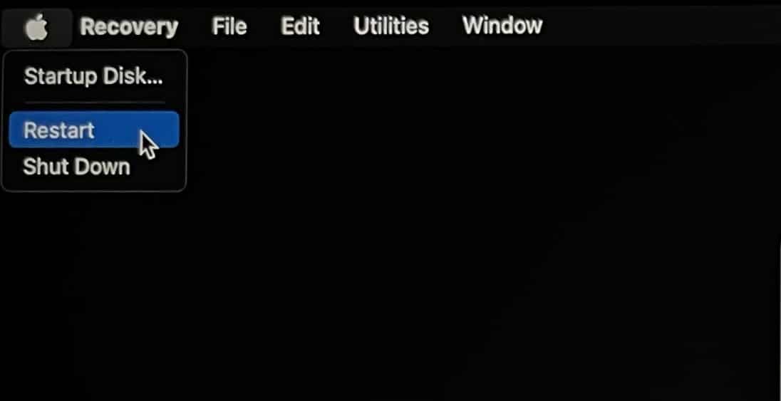 Select the Apple icon in Menu bar and tap on Restart to exit your Mac from Recovery mode