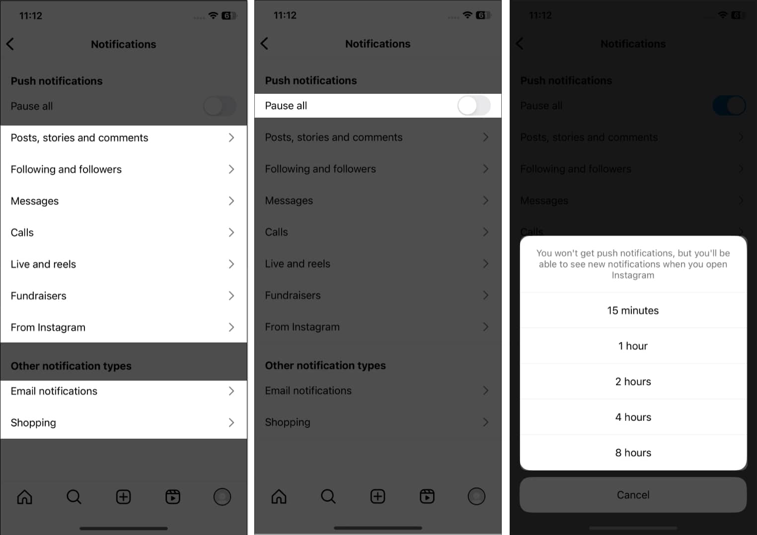 Select the notification type toggle on pause all choose a duration in instagram