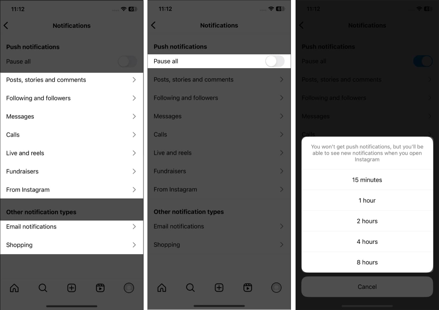Select the notification type, toggle on pause all, choose a duration in instagram