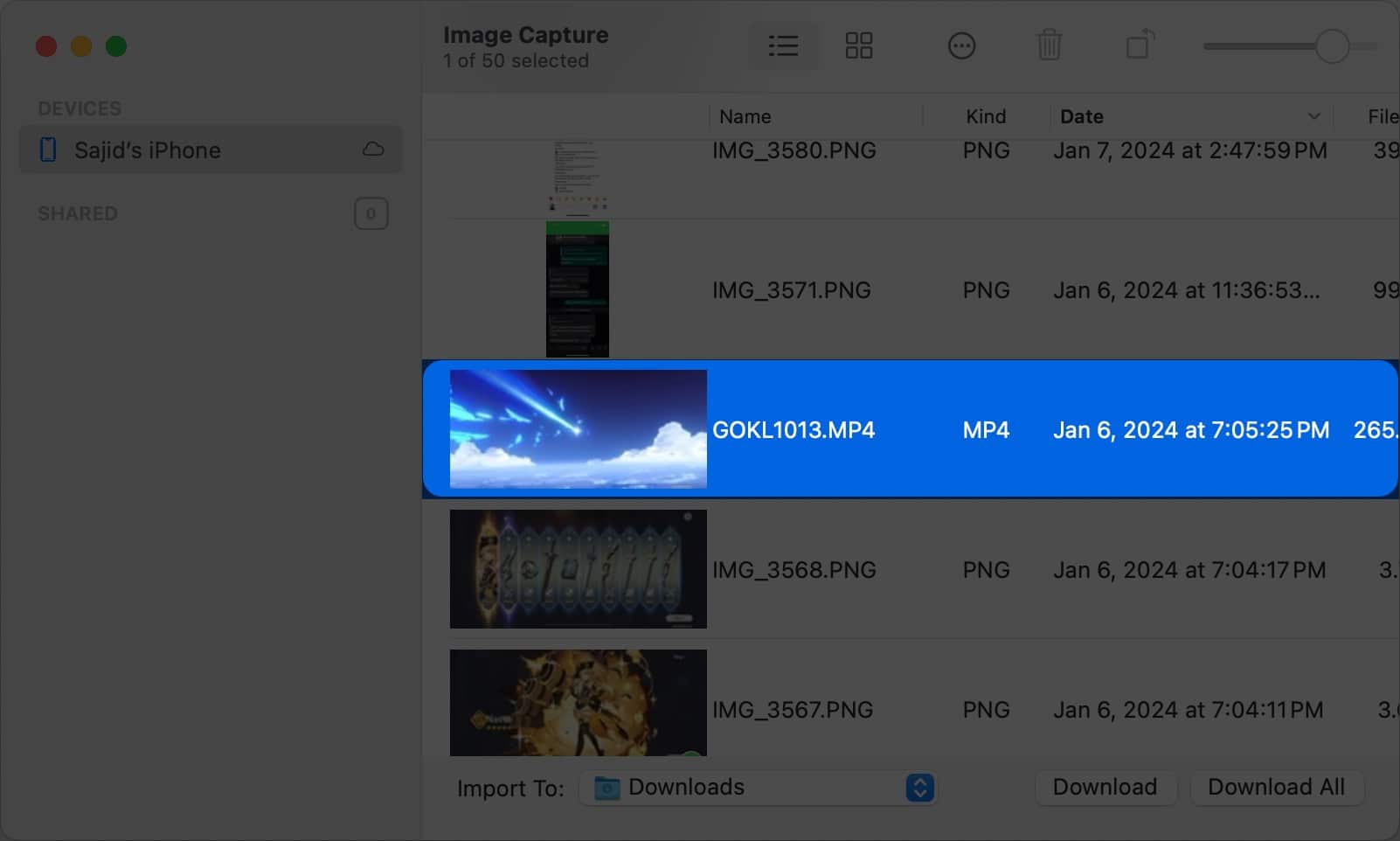 Válassza ki a videót az ImageCapture alkalmazásban