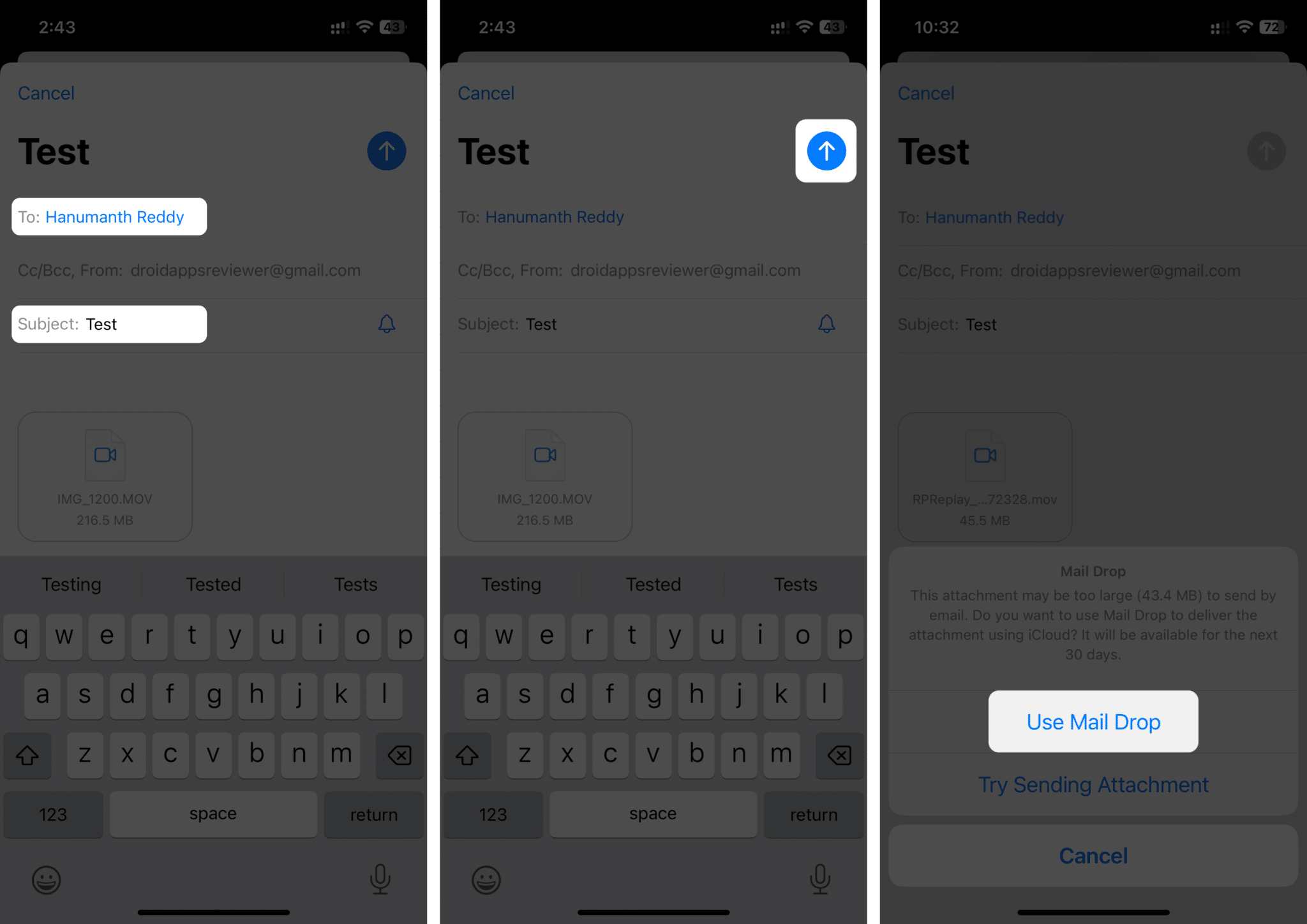 Nagyméretű videó küldése a MailDrop segítségével iPhone-on