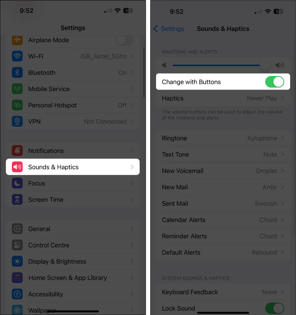 Sound & Haptics, Change with buttons