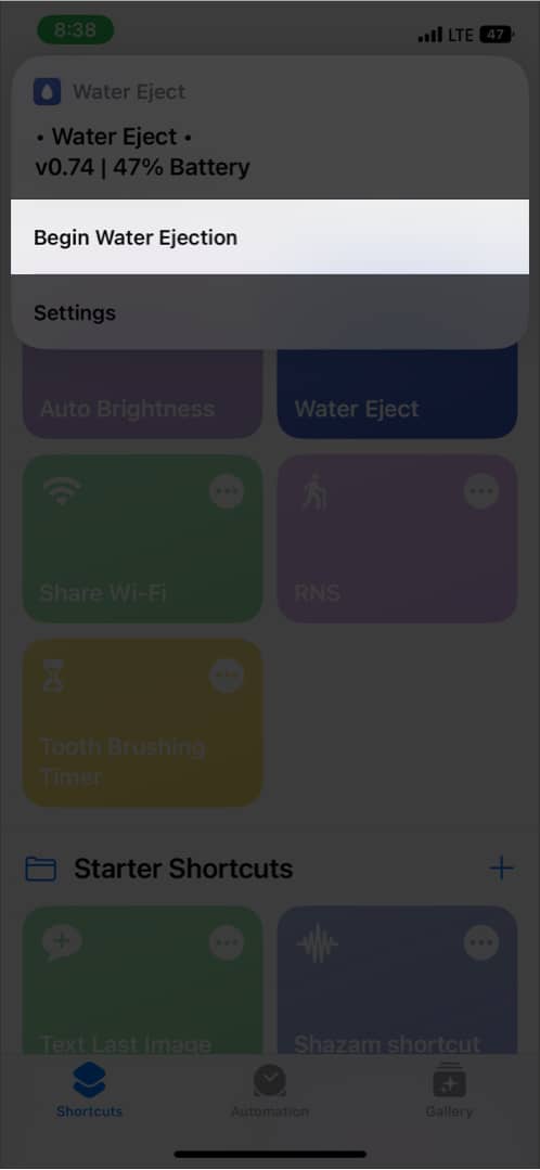 Tap Begin Water Ejection to eject water using siri