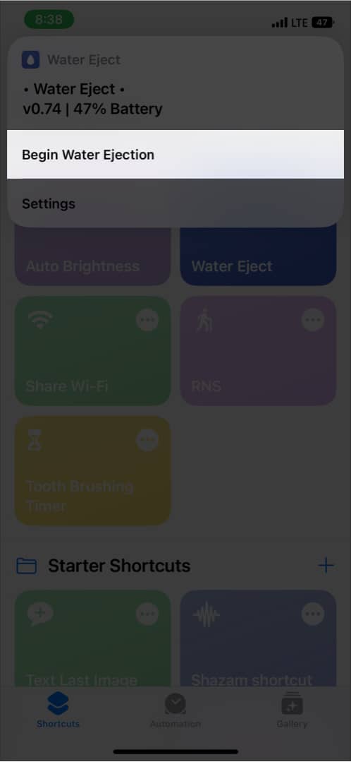 Tap Begin Water Ejection to eject water using siri
