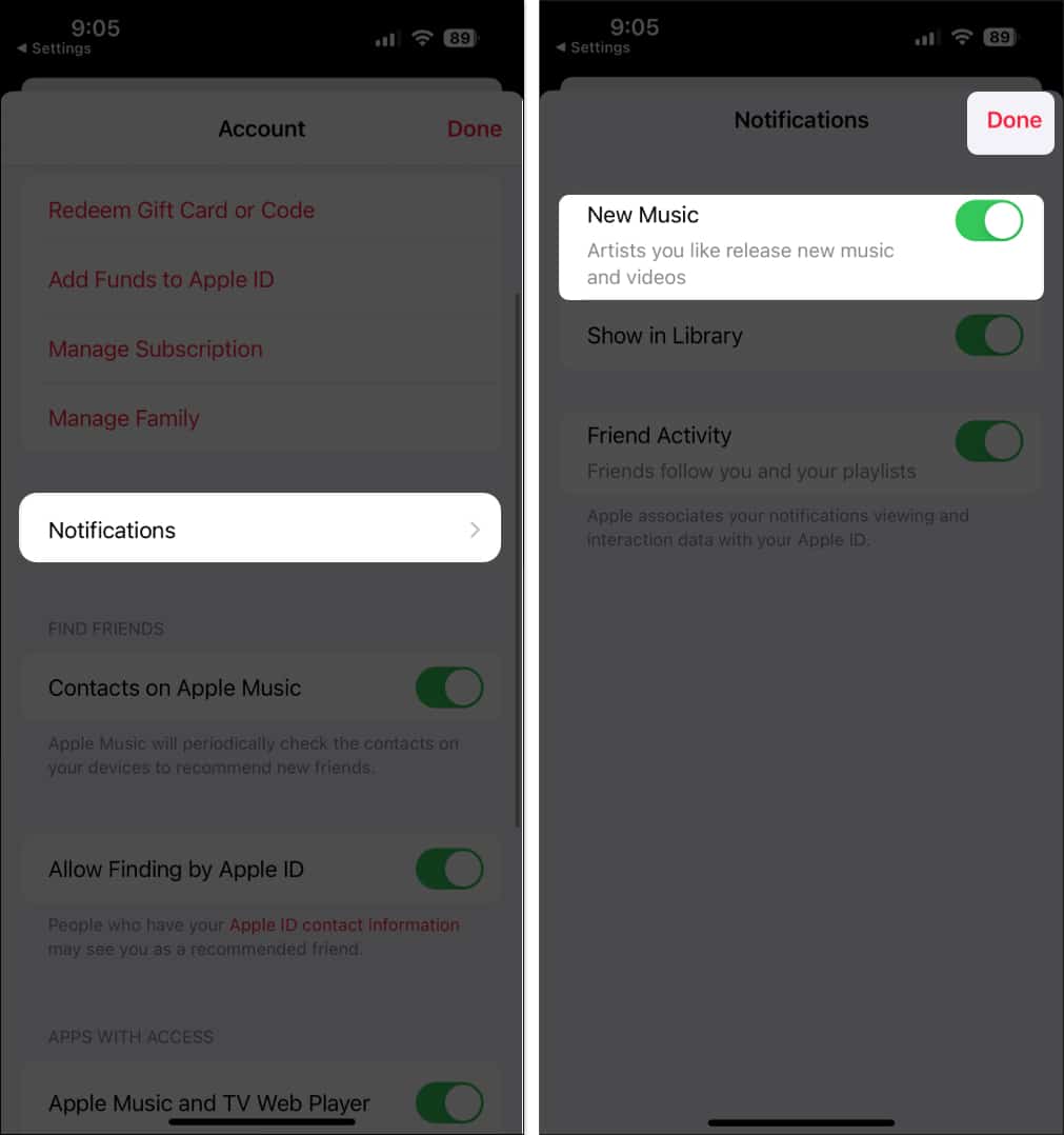 Tap Notifications and toggle on New Music and tap Done