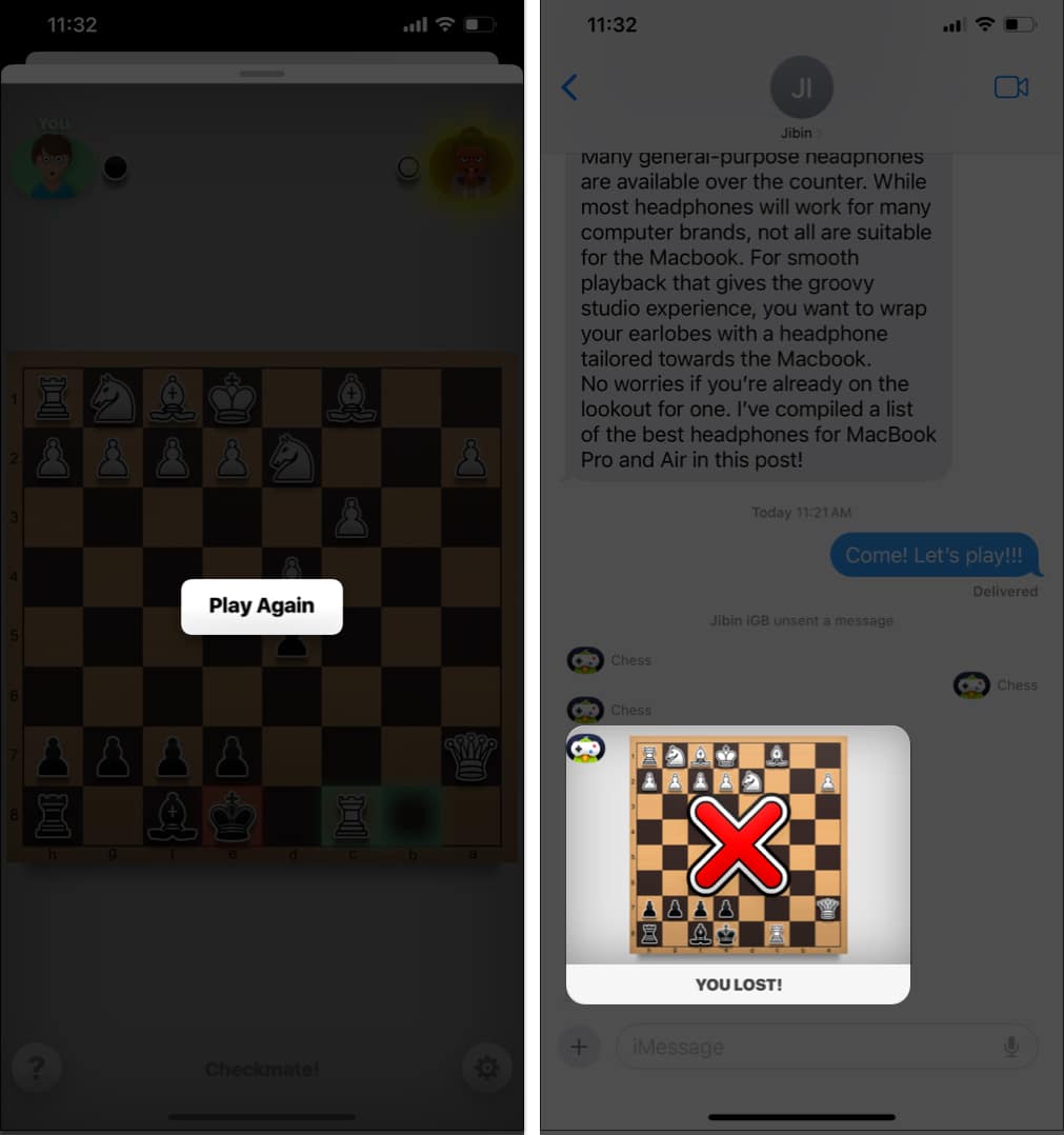 Tap Play Again assess the matech in iMessage