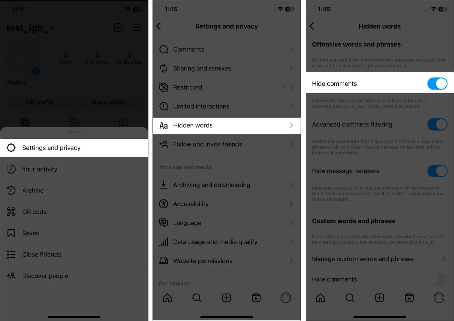 Tap Settings and privacy, hide words, hide comments in instagram