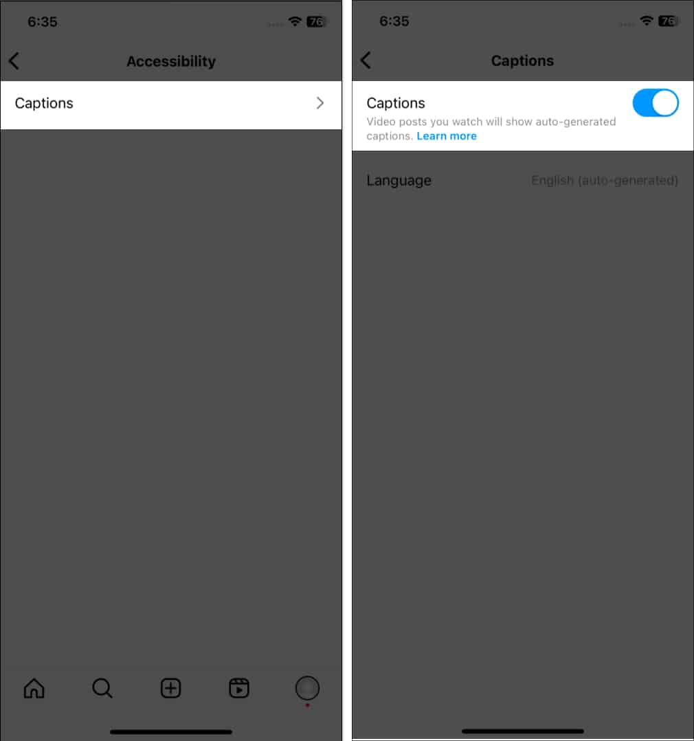 Tap captions toggle on captions in instagram