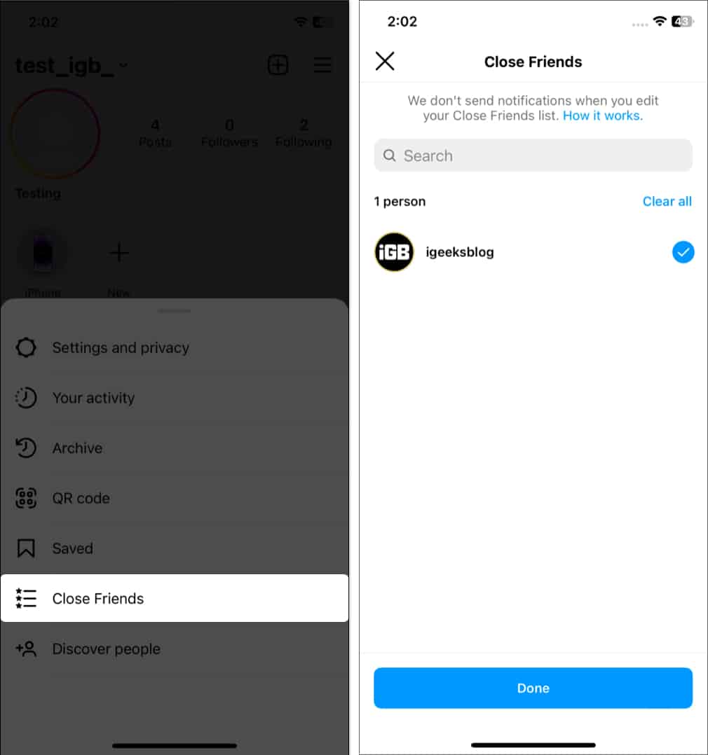 Tap close friends monitor the list in instagram