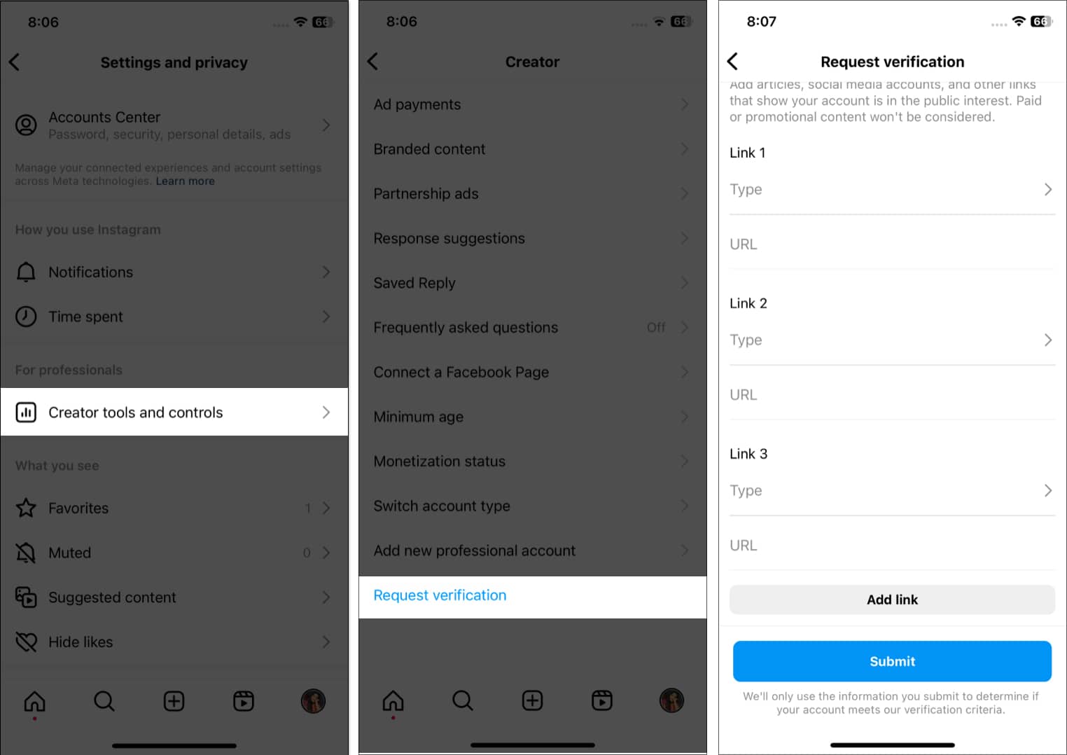 Tap creator tools option, request verification, fill the form and tap submit in instagram