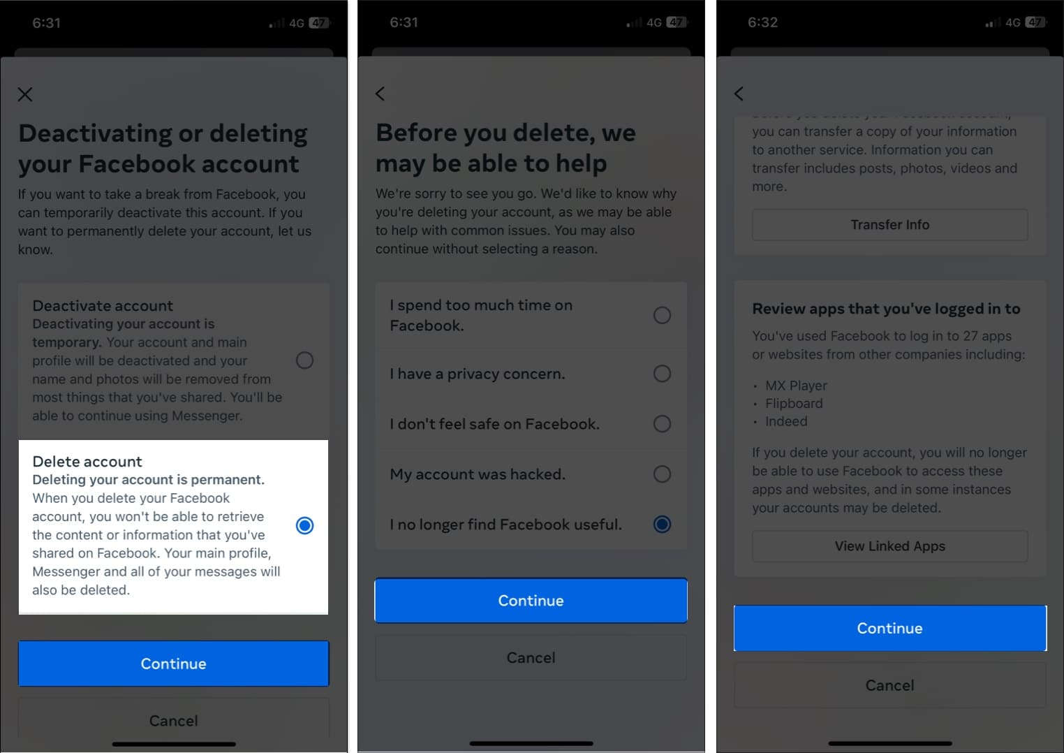 Tap delete account continue continue in facebook app