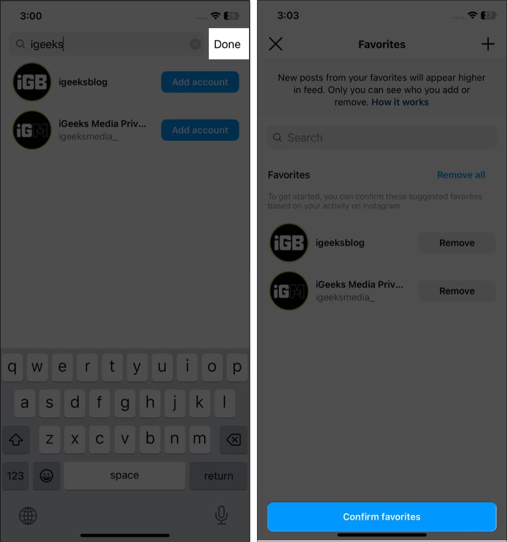 Tap done confirm favorites in instagram