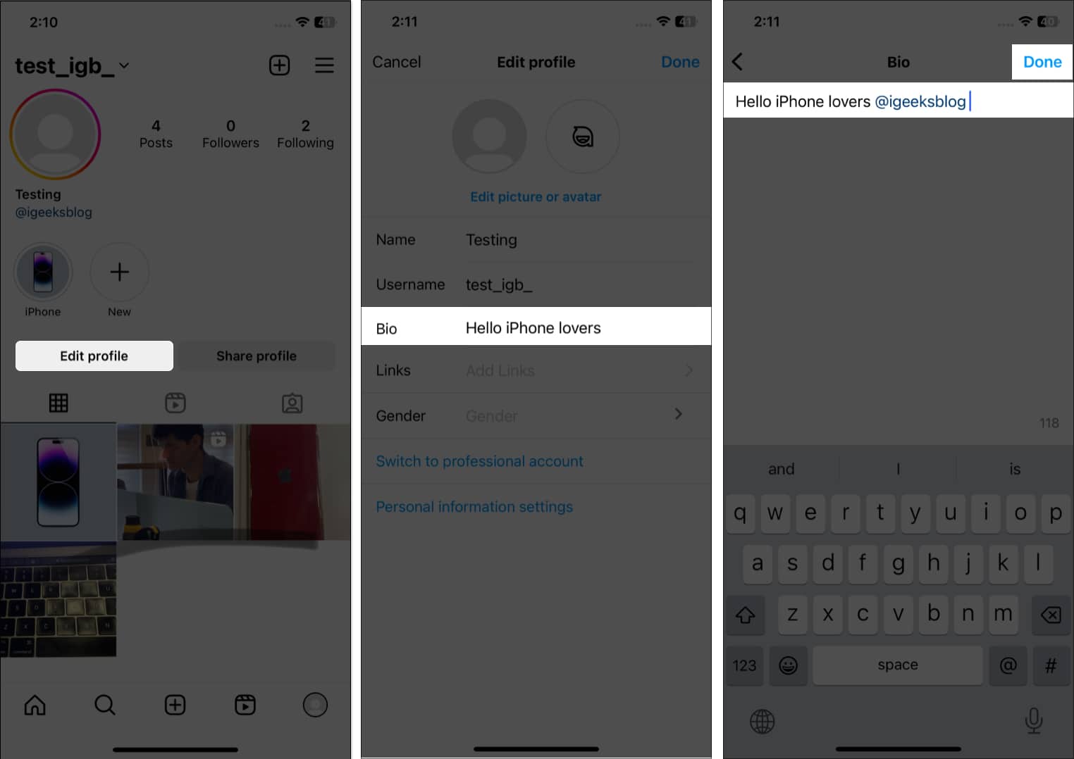 Tap edit profile bio tag a profile done in instagram