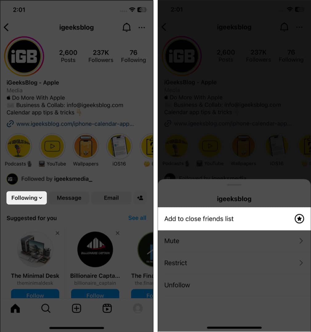 Tap following add to close friends on instagram