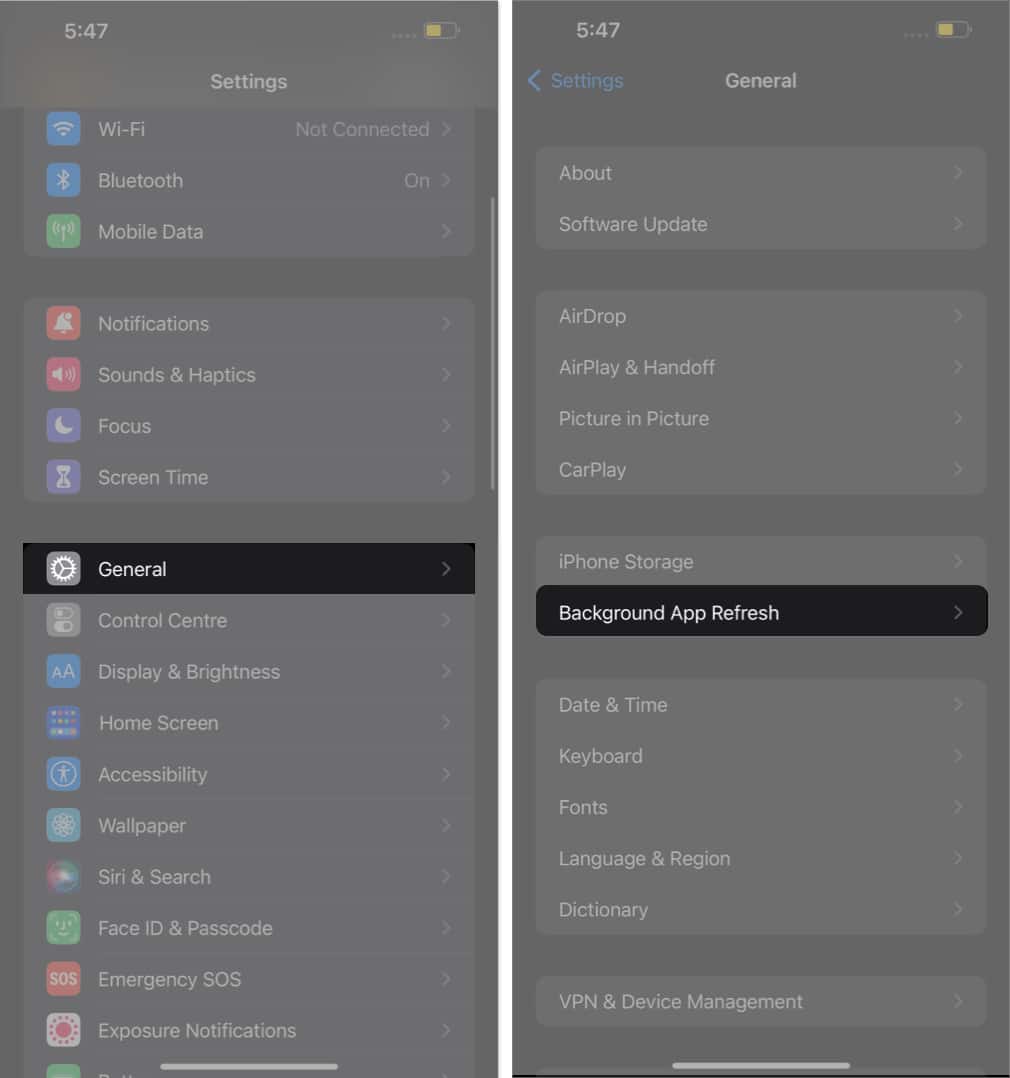 Tap general, background app refresh in settings app