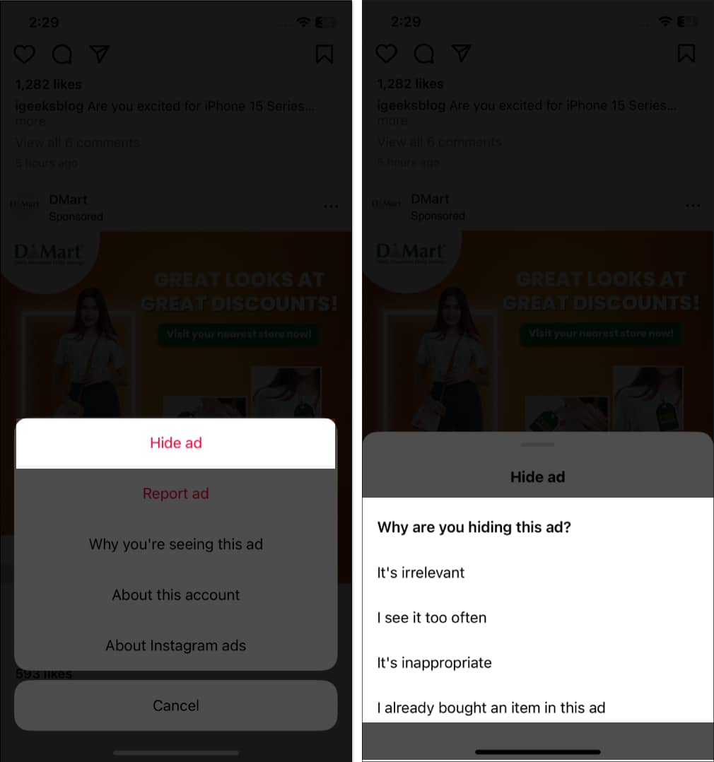 Tap hide ad, select a reason in instagram